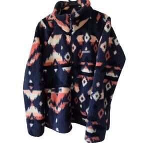 Columbia Large Pattern Sherpa Jacket Full Zip Blue Pink Aztec Design